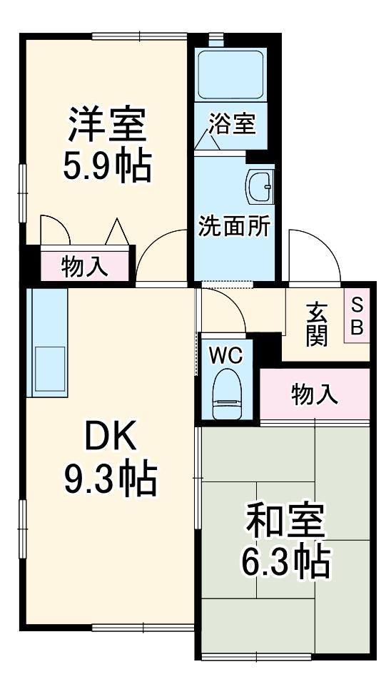 シサミタウンB(2DK/2階)の間取り写真