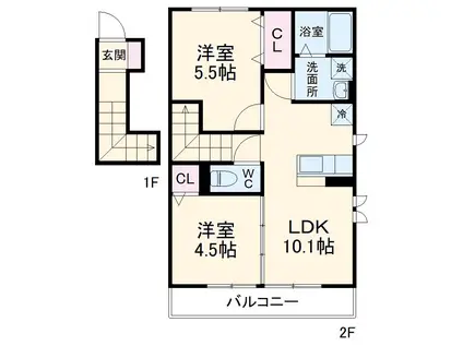 大黒屋ハイツ1号館(2LDK/2階)の間取り写真