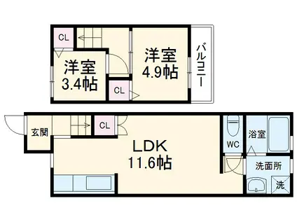 阪急電鉄京都線 桂駅 徒歩14分 2階建 築60年(2LDK)の間取り写真
