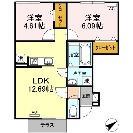 セゾン拾石 C棟(2LDK/2階)の間取り写真