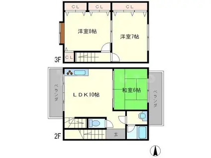 京福嵐山本線 鹿王院駅 徒歩8分 3階建 築26年(3DK)の間取り写真