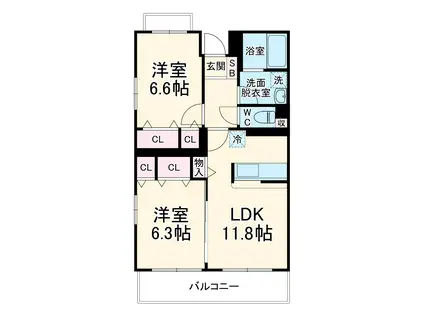 ペアーフィールドB(2LDK/1階)の間取り写真