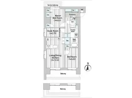 GOTEN武蔵小杉(2LDK/7階)の間取り写真