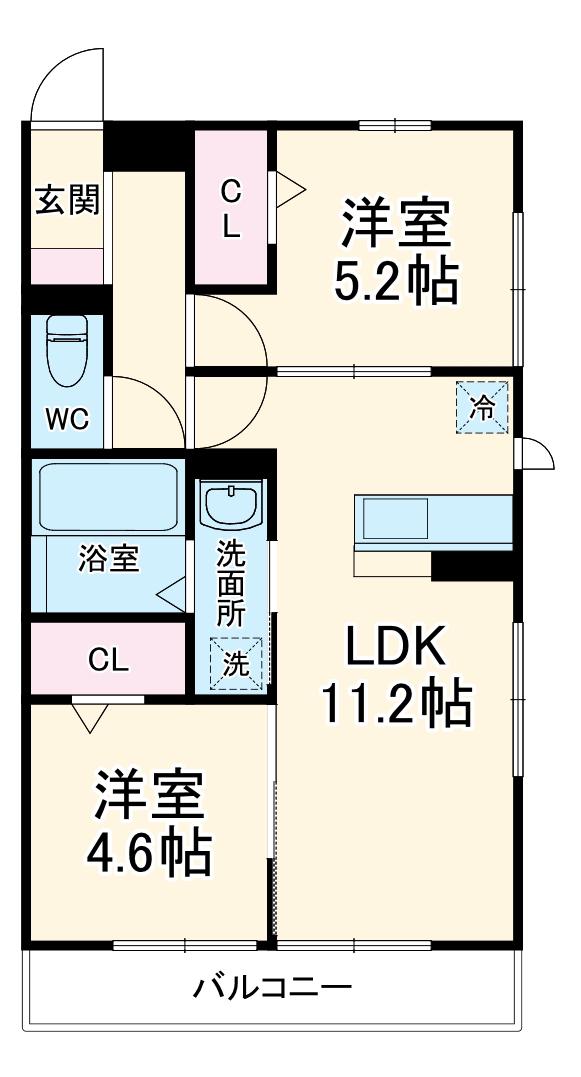 オークリーフ三郷 B(2LDK/3階)の間取り写真