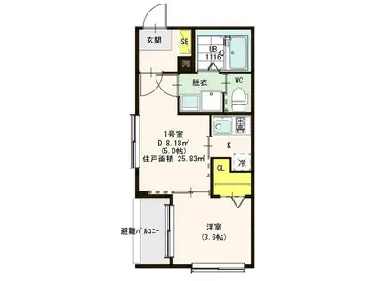 フェリーチェ長筬(1DK/2階)の間取り写真