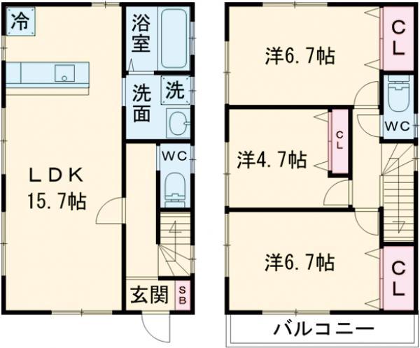 横浜線 古淵駅 徒歩2分 2階建 築5年(3LDK)の間取り写真