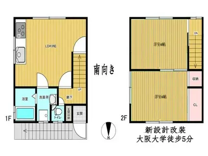 大阪モノレール本線 柴原阪大前駅 徒歩6分 2階建 築49年(2LDK)の間取り写真