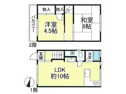 神戸市西神山手線 県庁前駅(兵庫) 徒歩8分 2階建 築56年(2LDK)の間取り写真