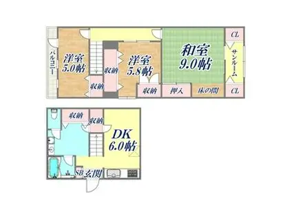 東海道本線 灘駅 徒歩2分 2階建 築66年(3DK)の間取り写真