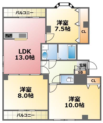 GRANDE甲子園六番町(3LDK/2階)の間取り写真