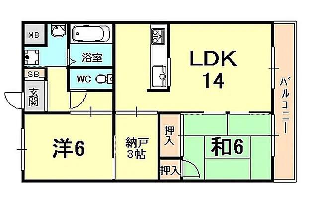 レインボー甲東(2LDK/3階)の間取り写真