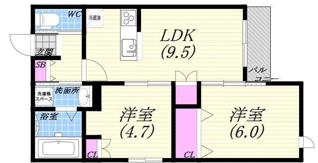 ラ・カーサ甲子園口(2LDK/3階)の間取り写真