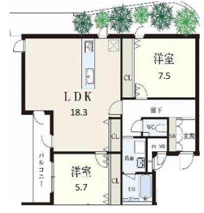 メインステージ松ノ内(2LDK/1階)の間取り写真