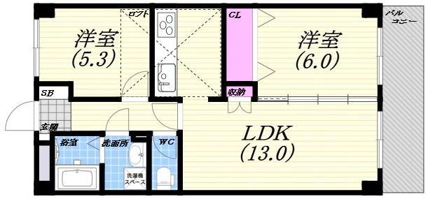 シャレード夙川(2LDK/4階)の間取り写真