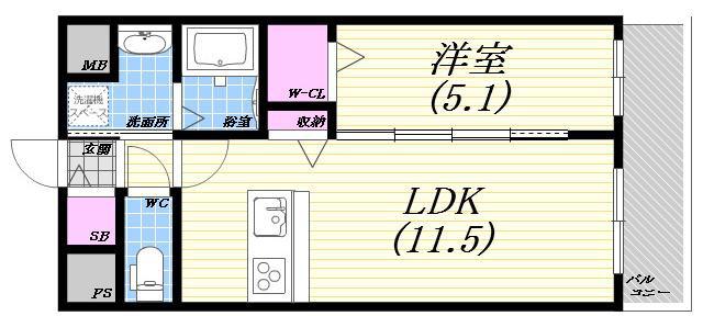 ラフィネ西宮(1LDK/5階)の間取り写真