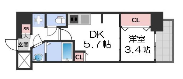 ラシュレエグゼ夕陽丘(1DK/11階)の間取り写真
