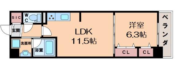 グランセジュール大国町(1LDK/10階)の間取り写真