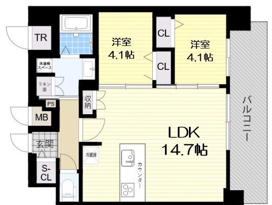 プレリス鶴見緑地グランガーデリア(2LDK/12階)の間取り写真