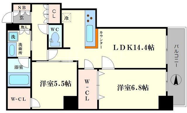 阿波座ライズタワーズフラッグ46(2LDK/43階)の間取り写真