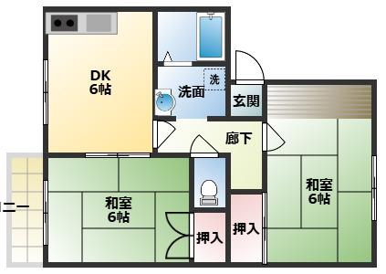 ファミール若草B棟(2DK/2階)の間取り写真