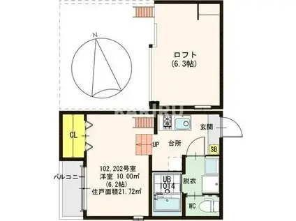 フェリクス中宮(1K/2階)の間取り写真
