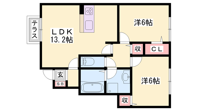 しんでれら・円山 B棟(2LDK/1階)の間取り写真