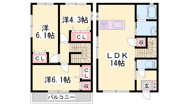 播但線 野里駅 徒歩14分 2階建 築9年(3LDK)の間取り写真