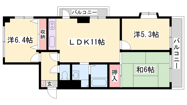 ファーストイン広畑(3LDK/4階)の間取り写真
