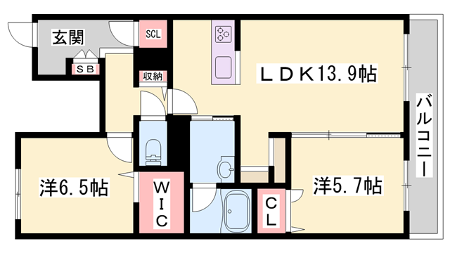 オカバ姫路岡町シャーメゾン(2LDK/2階)の間取り写真