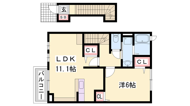 シャンテB棟(1LDK/2階)の間取り写真