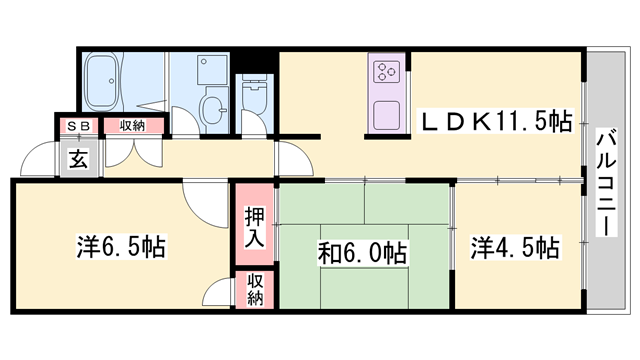 朝日プラザ姫路東(3LDK/3階)の間取り写真