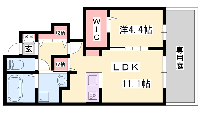 リバーサイドテラス B棟(1LDK/1階)の間取り写真