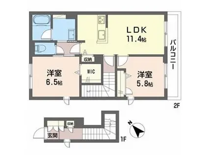 SHAMAISON雅あさぎり(2LDK/2階)の間取り写真