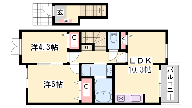 エスペランサ香寺(2LDK/2階)の間取り写真