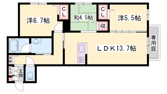 シャーメゾンはりま勝原(3LDK/1階)の間取り写真