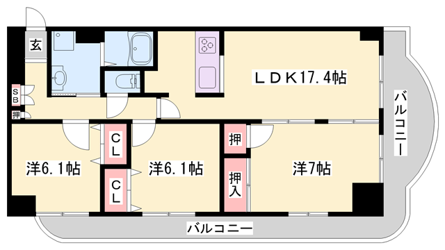 手柄アートスカイハイツ(3LDK/14階)の間取り写真