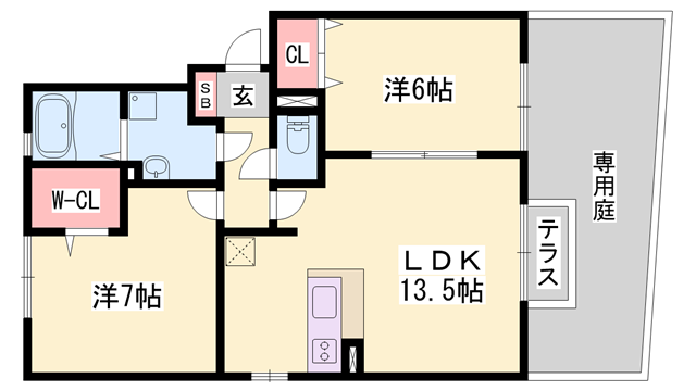ルピナウエストリバー(2LDK/1階)の間取り写真