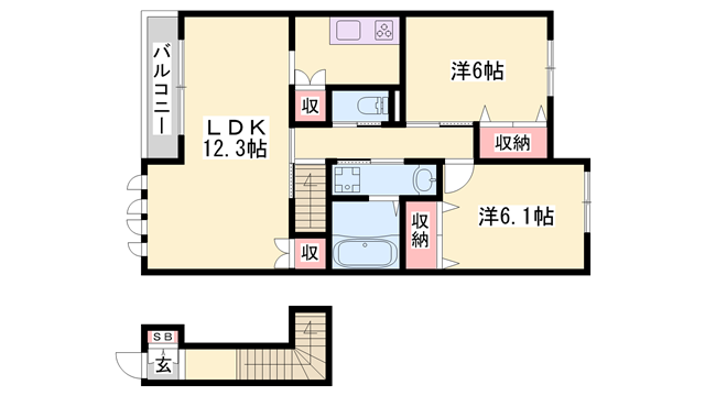 フェリオ勝原B(2LDK/2階)の間取り写真