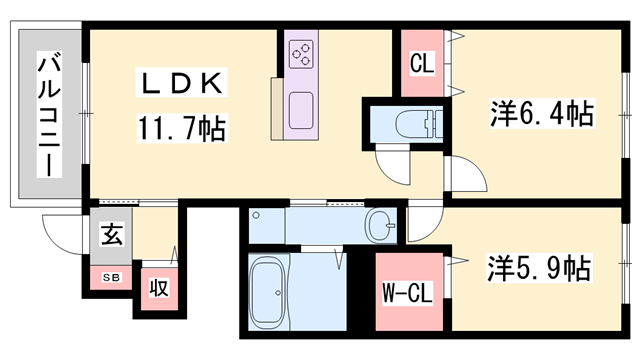 マーブル A棟(2LDK/1階)の間取り写真