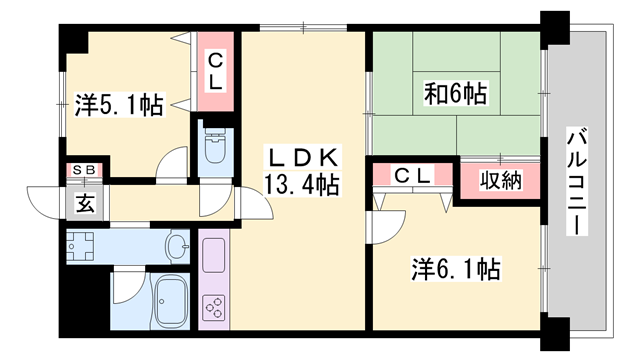 アルカディア野里(3LDK/1階)の間取り写真