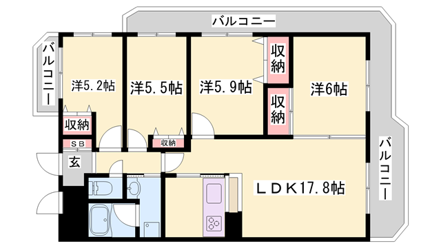 手柄アートスカイハイツ(4LDK/7階)の間取り写真