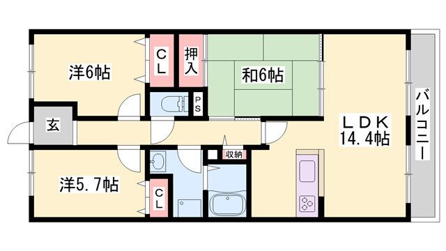 ロワイヤル網干駅前(3LDK/7階)の間取り写真