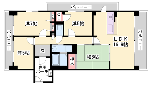 ロワイヤル神屋町(4LDK/6階)の間取り写真