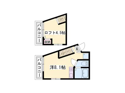 ベルフラワー岡町(1K/2階)の間取り写真