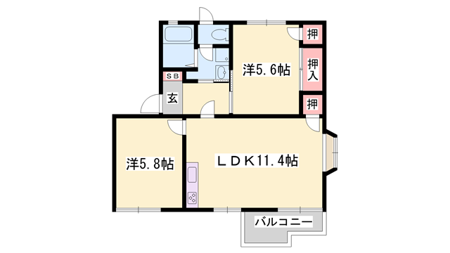 英賀保ハイツ(2LDK/1階)の間取り写真