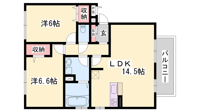アヴェニール浜(2LDK/1階)の間取り写真