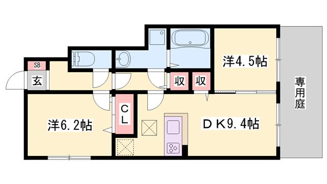 フォーリアB棟(2DK/1階)の間取り写真