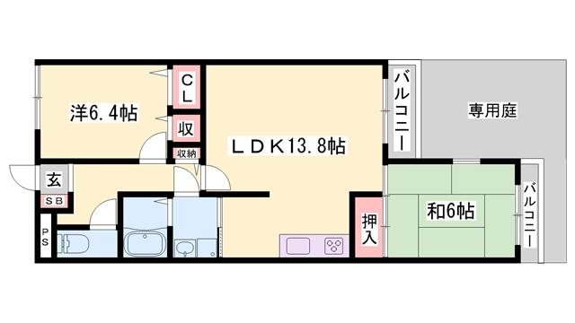 姫路北八代パークホームズ(2LDK/1階)の間取り写真