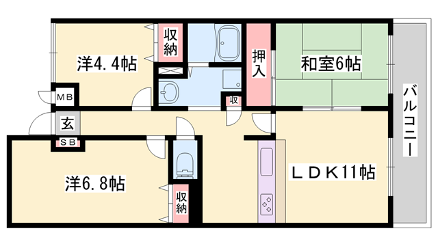 姫新線 本竜野駅 徒歩18分 6階建 築38年(3LDK/5階)の間取り写真
