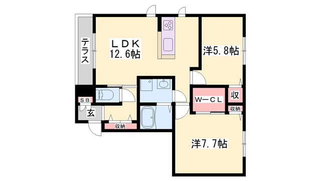 ヴィラーチェ神河(2LDK/1階)の間取り写真